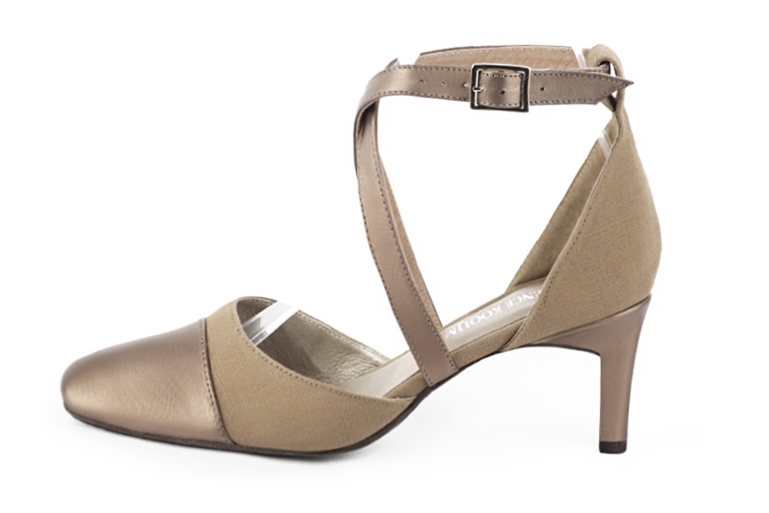Tan beige women's open side shoes, with crossed straps. Round toe. Medium comma heels. Profile view - Florence KOOIJMAN